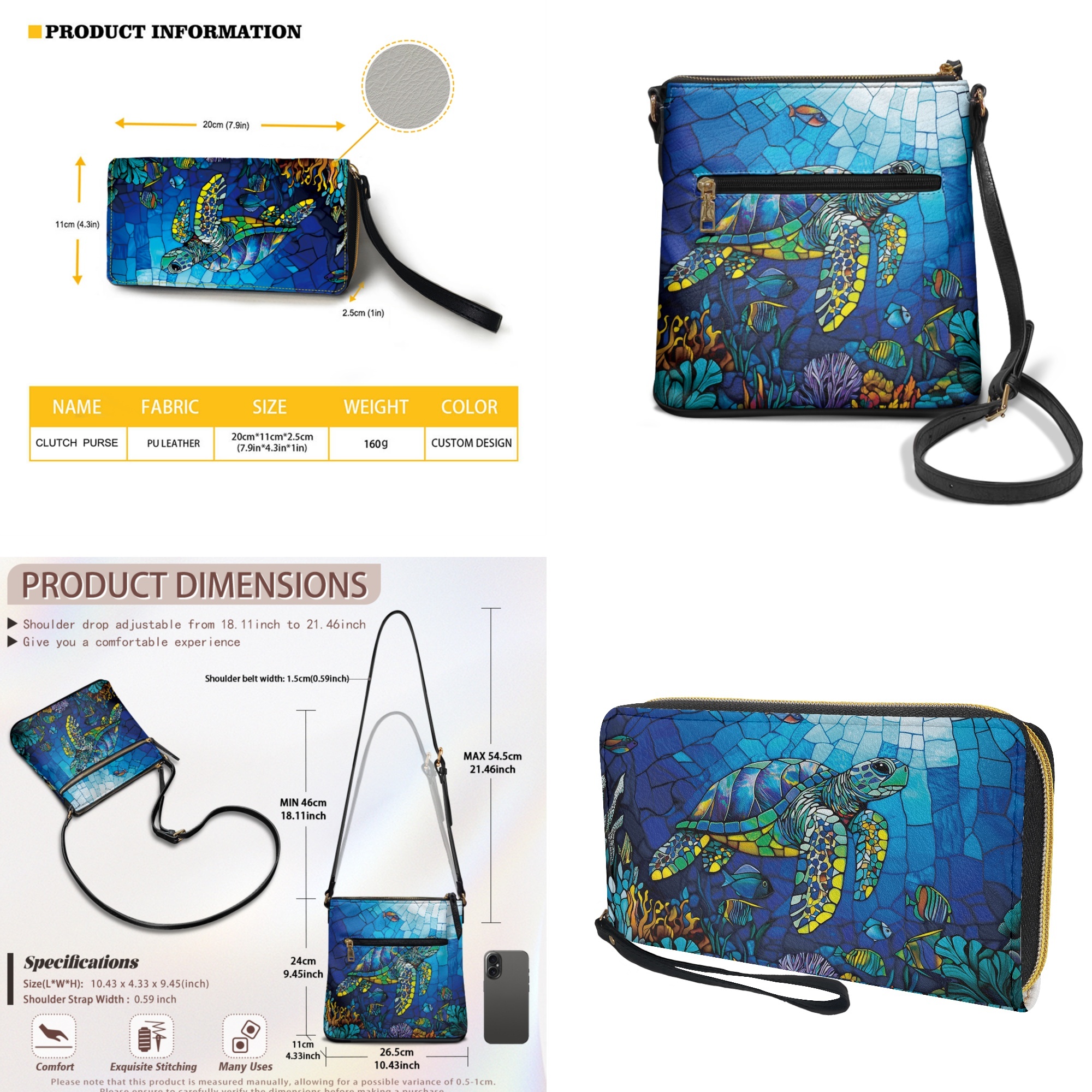 ZUXONGSY Stained Glass Turtle Coral Fish Print Women's PU Leather Crossbody Satchel & Wallet Set, Multi-Pocket Hobo Purse with Adjustable Shoulder Strap for Shopping Work Business