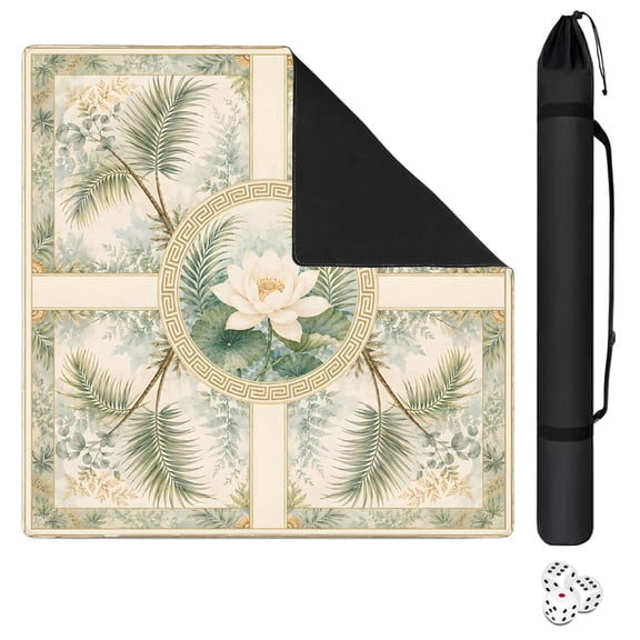 Mahjong Mat with Carrying Bag 31.5" x 31.5" Non-Slip Noise Reduction Cream Lotus Palm Chinoiserie Table Mat for Mahjong Poker Dominoes Card Board Tile Games