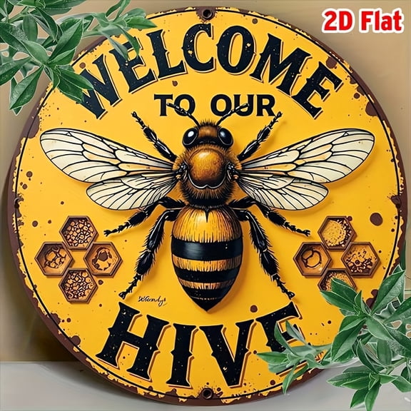 HELLOYOUNG Vintage Metal Wall Sign Round Beehive Welcome Rustic Decor 8 Inch Home Cafe Garage Gift Tin Art