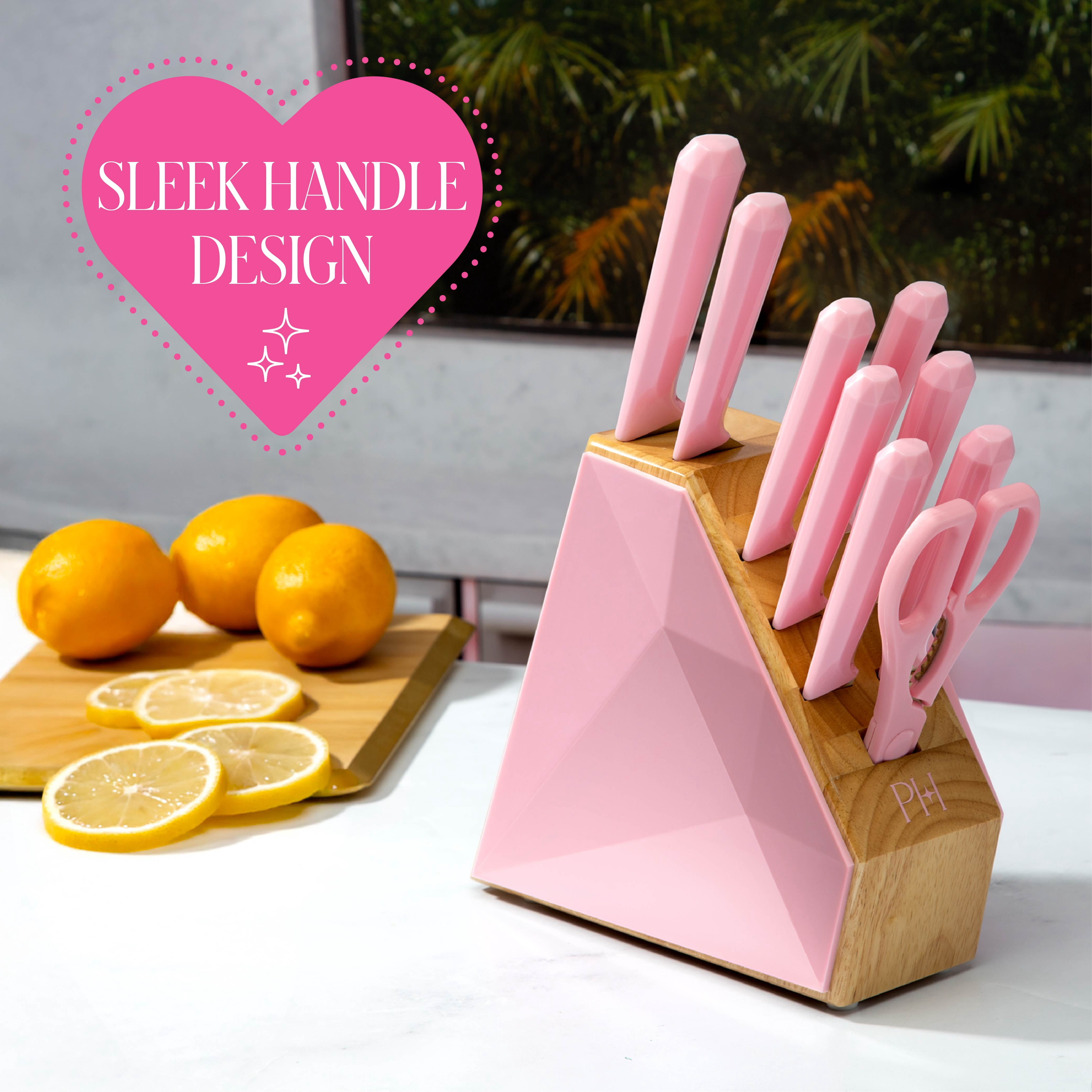 Paris Hilton 10-Piece Cutlery Block Set, Titanium-Coated Stainless Steel Blades, Diamond-Faceted Block, Pink