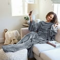 thumbnail image 4 of Catalonia Wearable Fleece Blanket with Sleeves and Foot Pockets for Adult Women Men, Micro Plush Comfy Wrap Sleeved Throw Blanket Robe Large, Grey, 4 of 5