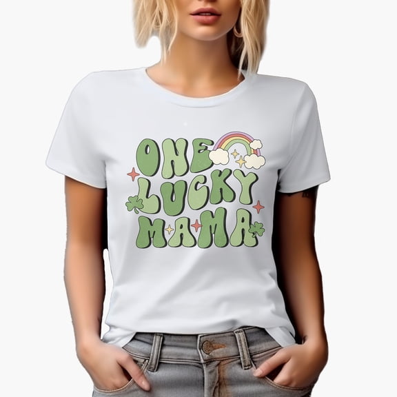 Distressed One Lucky Mama - Retro Groovy Wavy Text St. Patrick's Day Art Merch Gift, White T-Shirt, Small