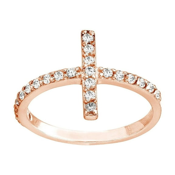 925 Sterling Silver Rose Plated Side-ways Cubic Zirconia Religious Faith Cross Ring Size 8 Ring for Women