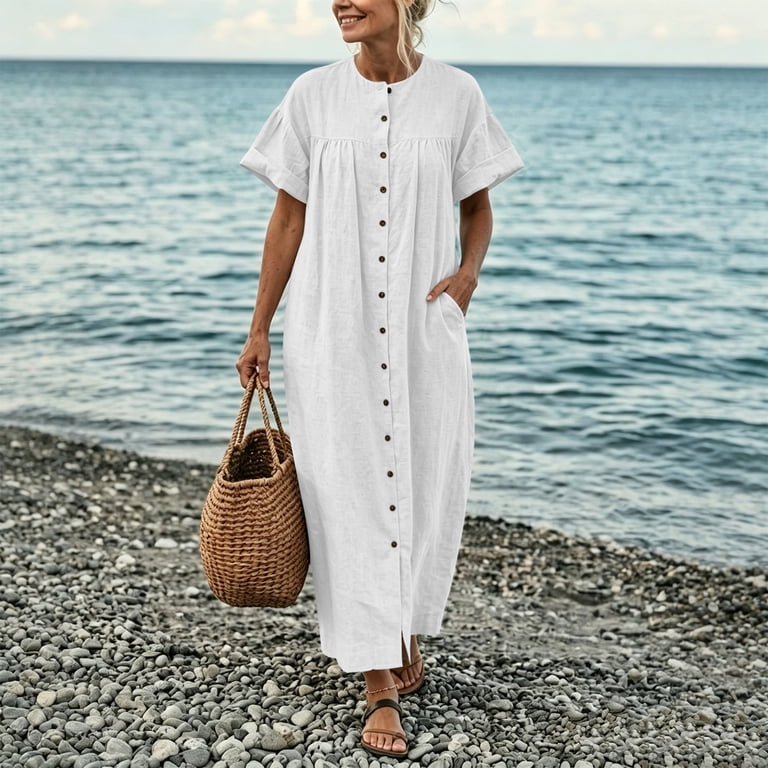 Miluxas Women's Crewneck Button Down Maxi Dress Short Puff Sleeve Loose Flowy Long Dress with Pockets Vacation Sundress Loungewear White, Size: XL