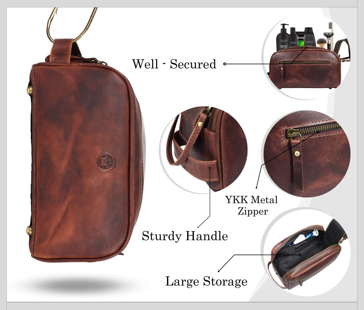 Genuine Leather 10" Toiletry Travel Pouch with water proof Lining | Handcrafted Dopp Kit By Aaron Leather Goods