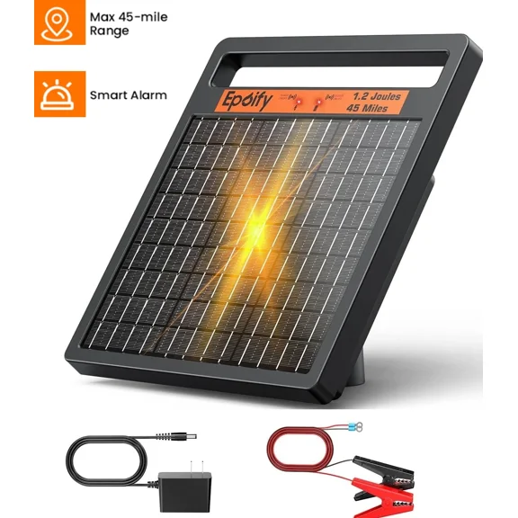 Solar Electric Fence Charger 1.2J Stored Energy, 45 Miles Protection 8 W Solar Panel Energizer with Alarm All-Weather Fence Charger