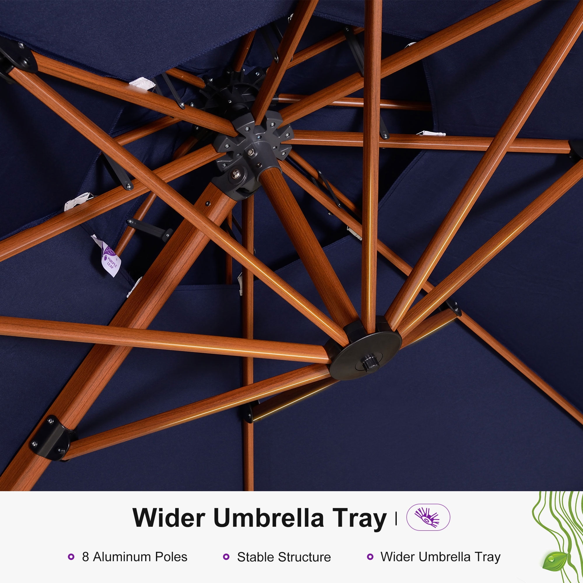 PURPLE LEAF 10FT Deluxe Round Wood Grain Patio Umbrella, Large Offset Cantilever Umbrella with 360° Rotation, Navy Blue