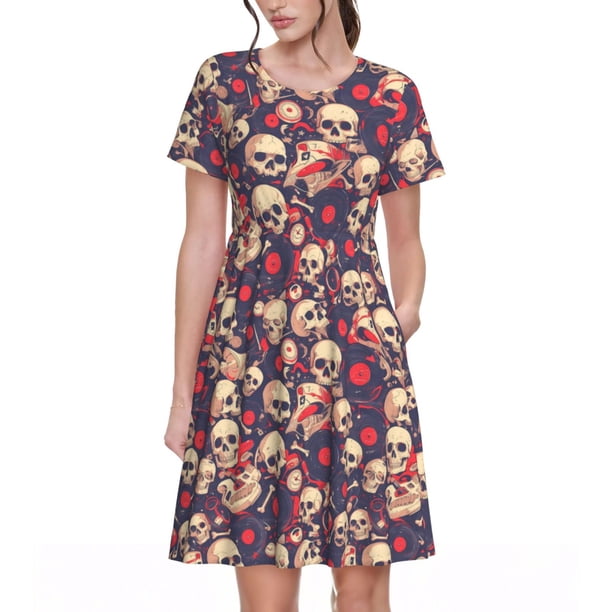 Balery Skull rock music record Vestidos sueltos de manga corta para mujer, vestidos de verano 2025, vestidos casuales de corte A con vuelo.