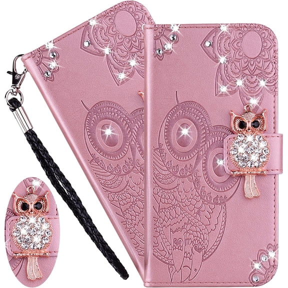 Case for Motorola Moto G22 with Credit Cards Pocket, Glitter Bling Diamond PU Leather Wallet Phone Case Flip Cover for Moto G22 Owl Rose Gold