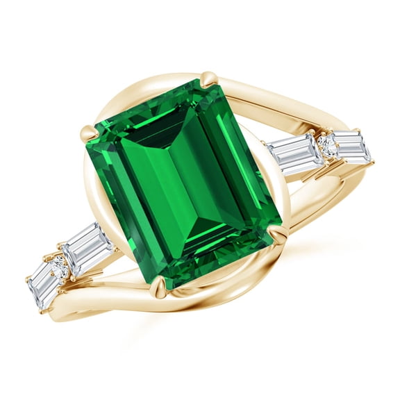 ANGARA Vintage Inspired Lab Grown 2.85 Ct Emerald Bypass Shank Engagement Ring for Women in 14K Yellow Gold (Size-10x8mm) | May Birthstone, Anniversary Jewelry Gift for Women | Lab-Grown Emerald Ring