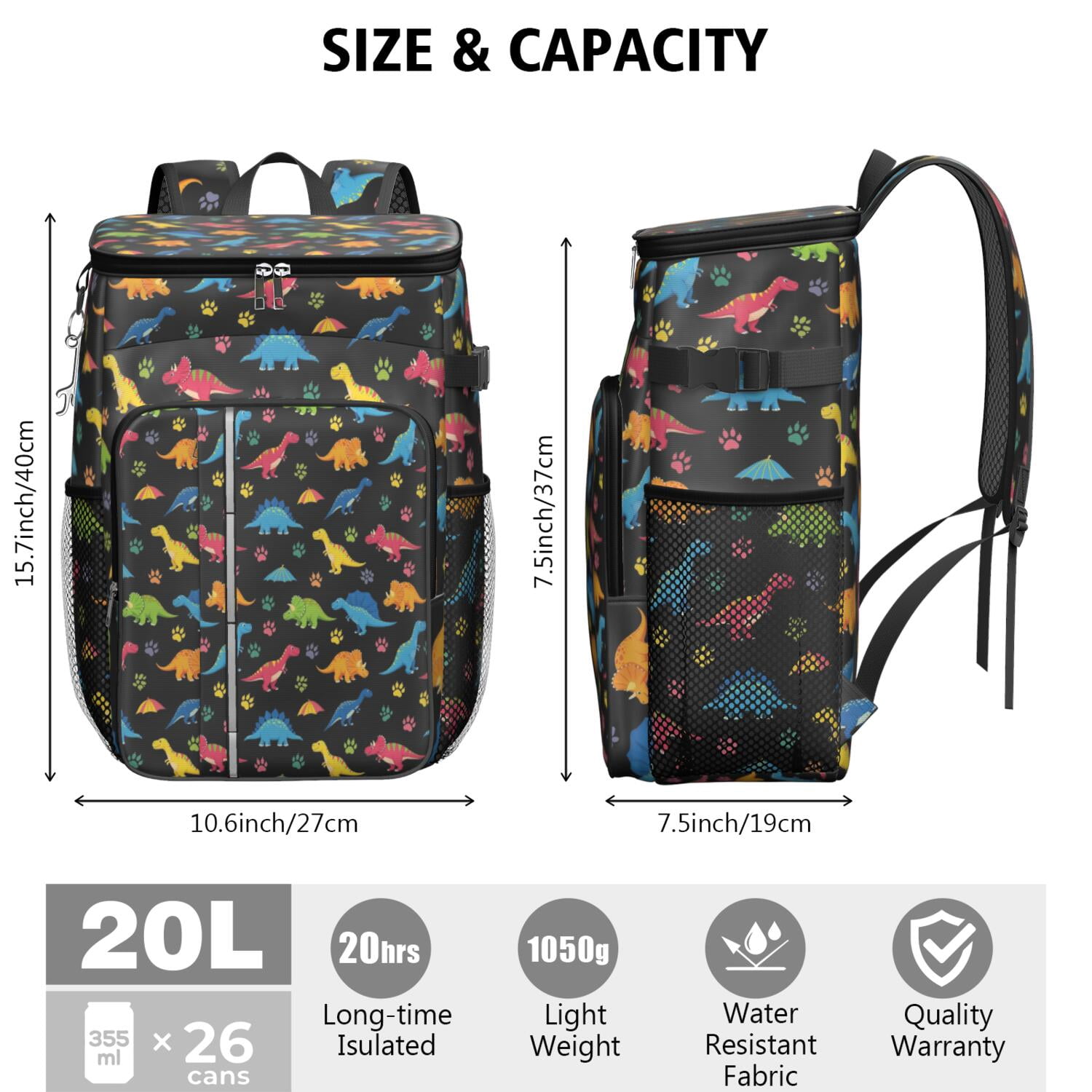 Travel Cooler Bag - Dinosaur and Paw Print Pattern Camping Beer Cooler Backpack with Bottle Opener- Waterproof Insulated Picnic Backpacks - Cooler Bag for Beach