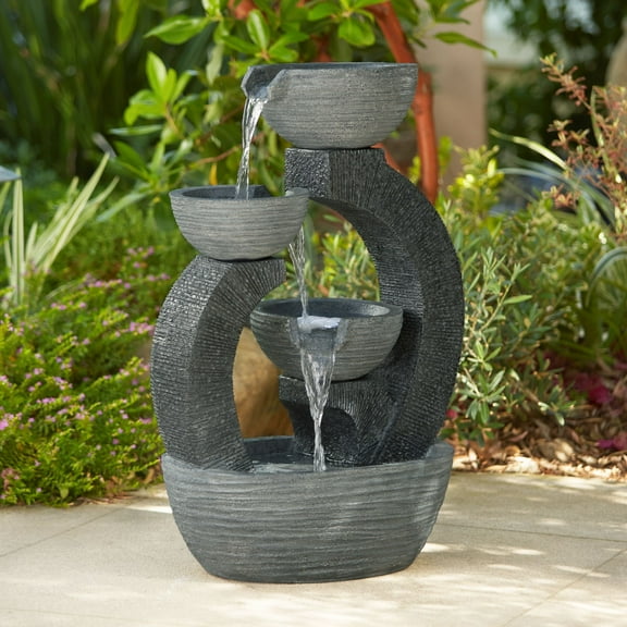 Three Cup 31 1/2" High Large Modern Indoor Outdoor Decor Gray Faux Stone Floor Fountain w/ Light LED Cascading