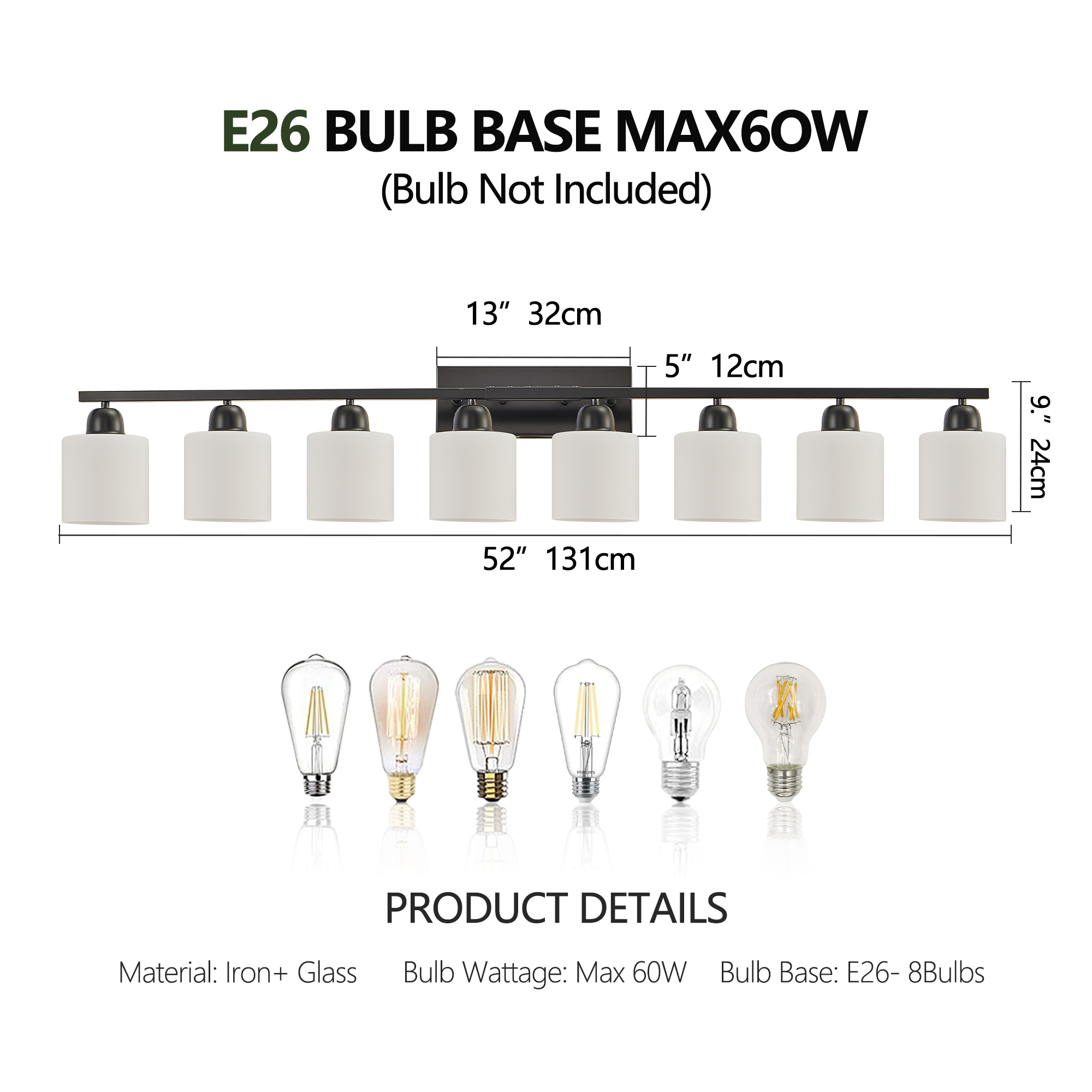 Leumius 8-Light Bathroom Vanity Light Fixture, Modern Vanity Light Over Mirror, Wall Sconces with Milky White Frosted Glass Shades for Mirror, Bathroom, Bedroom and Hallway Black (No Bulbs)