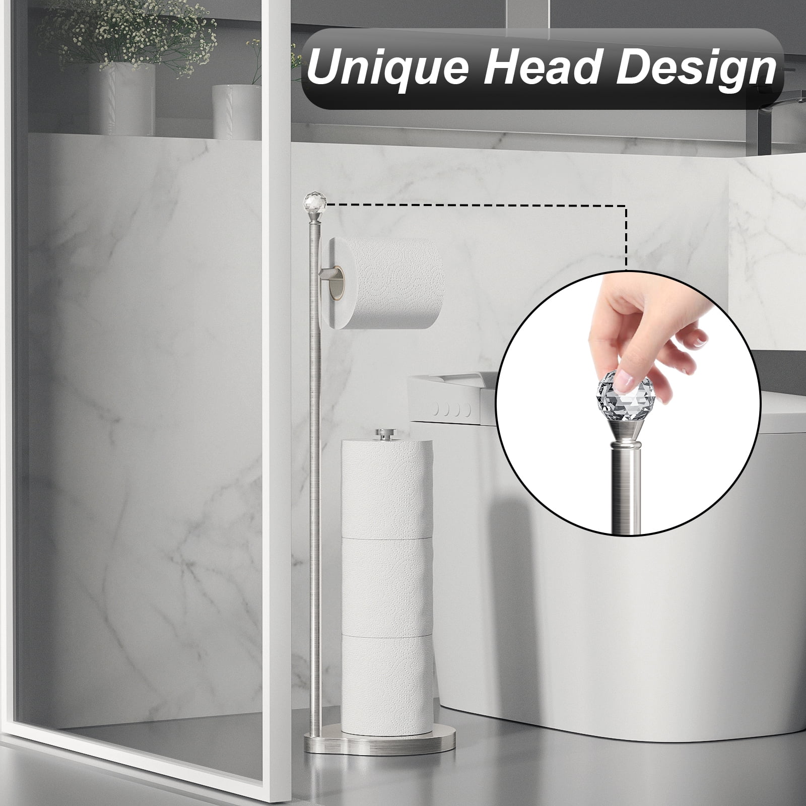 KASUNTO Toilet Paper Holder for Bathroom, Heavy Weighted Metal Free Standing Toilet Paper Storage with Crystal Ball, Toilet Paper Stand for Bathroom Accessories, Brushed Nickel [Holds MEGA Rolls]