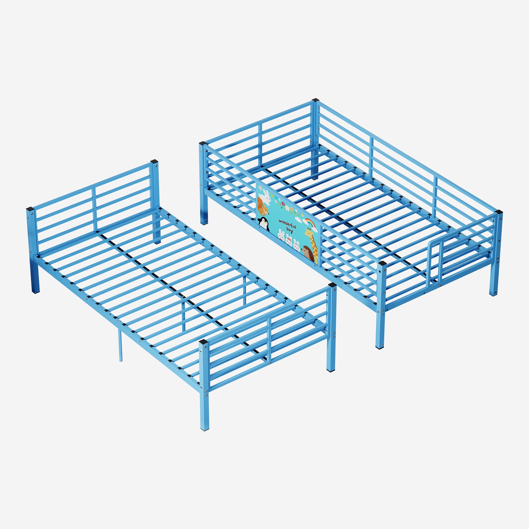 Metal Floor Bunk Bed Twin Over Twin with Ladder and Heavy Duty Slats, Space Saving Frame for Bedroom and Dorm, No Box Spring Needed, Blue