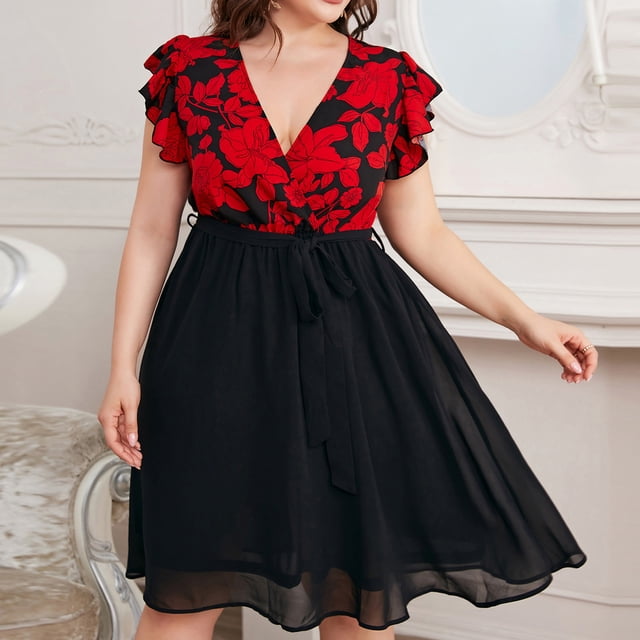 SMihono Robe d'Été pour Femmes Grande Taille Mode pour Femmes Imprimé Grande Taille Manches Courtes Col en V Ventilée Sensualité Robe Flottante