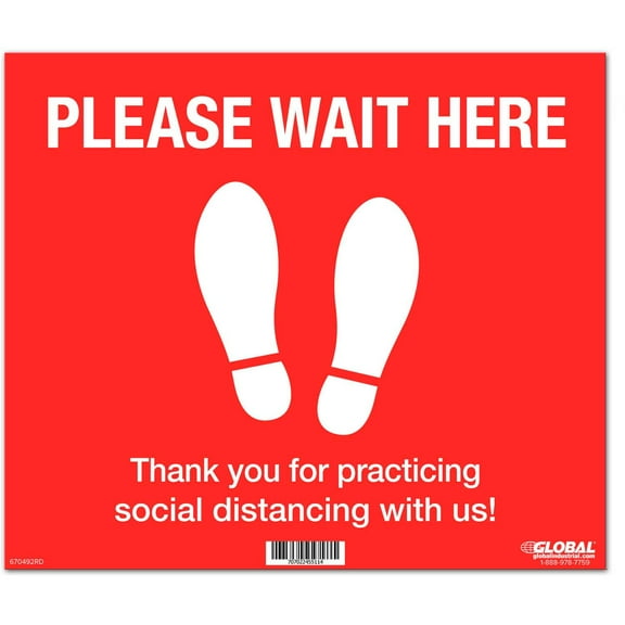 Global Industrial Red Please Wait Here Floor Sign 14""W x 12""H Vinyl Adhesive