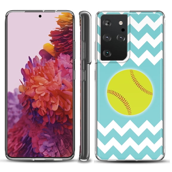 Slim-Fit Lightweight Protective Phone Case compatible with Samsung Galaxy S21 ULTRA 5G, by OneToughShield ® - Chevron/Teal/Softball