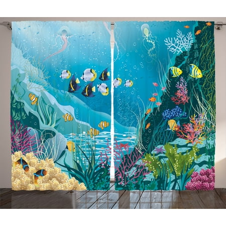 Nautical Window Curtains - Ocean Decor Curtains 2 Panels Set, Underwater Landscape with Tropical Fish and Algae Polyps Descriptive Nautical Image, Window Drapes for Living Room Bedroom, 108W X 84L Inches, Multi, by Ambesonne