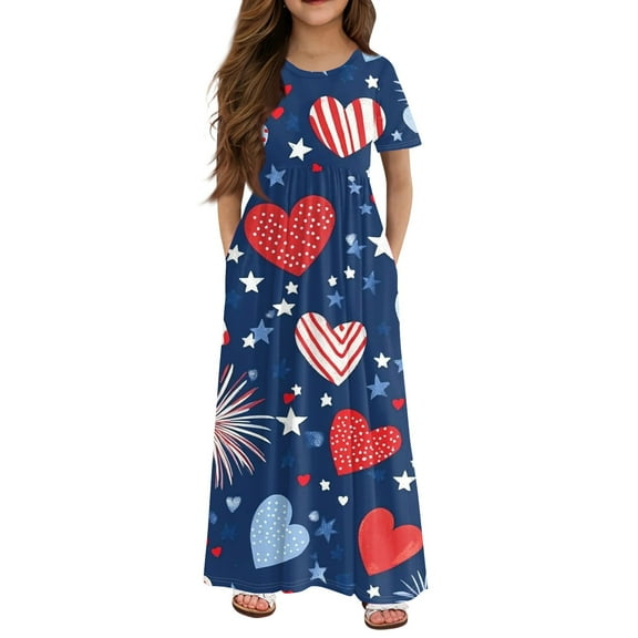 XADYUY Girls Summer Dress Size 14-16 Casual Love Heart Short Sleeve Maxi Dress Cute Crew Neck Sundresses Loose Swing Dresses with Pocketss 5-6 Years,Blue