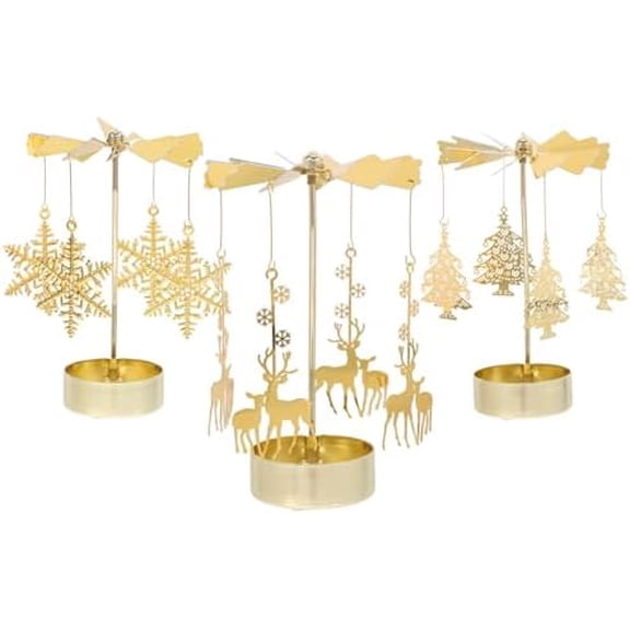 3pcs Rotary Candle Holder Christmas Tree Snowflake Reindeer Metal Spinning Windmill Candlestick Carousel Candle Tea Light Holder for Christmas Home Tabel Centrepieces Decoration