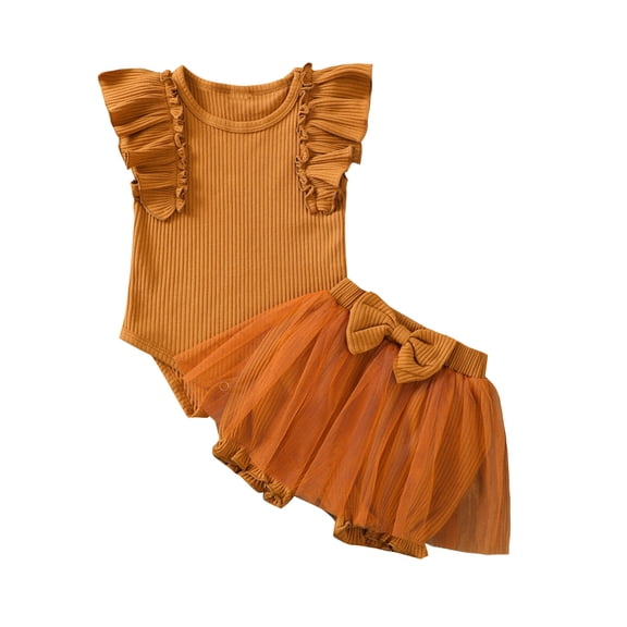 Mercatoo Toddler Girl Clothes I𝐧fant Tulle Romper Ruffle Solid Clothes 2PCS Set Bow Shorts Girls Matching Outfits Girl and Baby
