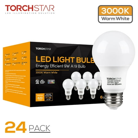 

TORCHSTAR 24-Pack A19 LED Light Bulb 9W (60W Equivalent) 820lm 3000K Warm White UL Listed Non-dimmable LED Bulbs E26 Medium Screw Base