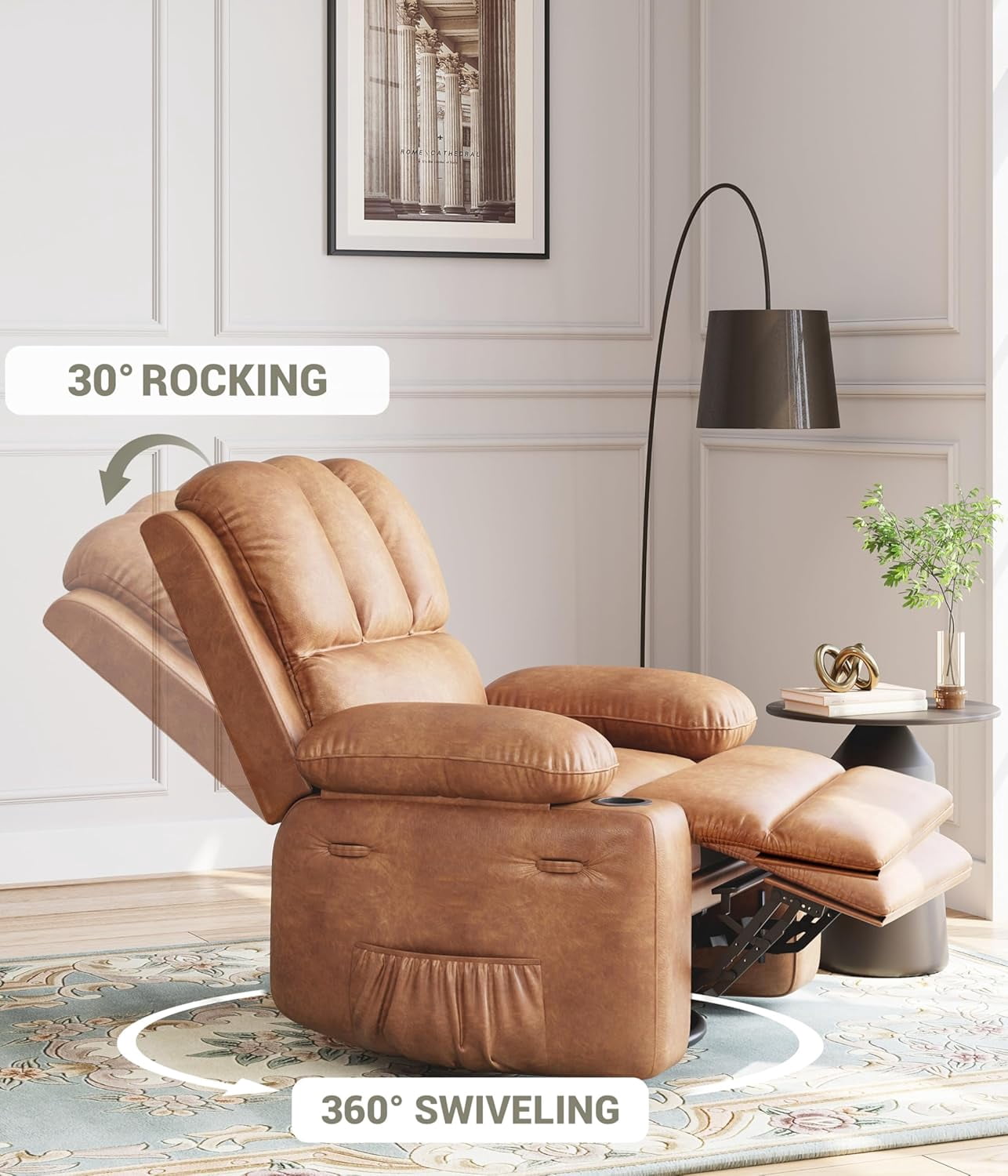 22’’ Rocker Recliner Chair, Lazy Boy Recliner Chair with 1.5X Sponge Filling, PU Leather Swivel Recliner with Side Pockets and Cup Holders, for Living Room, Bedroom, Nursery, Vintage Leather
