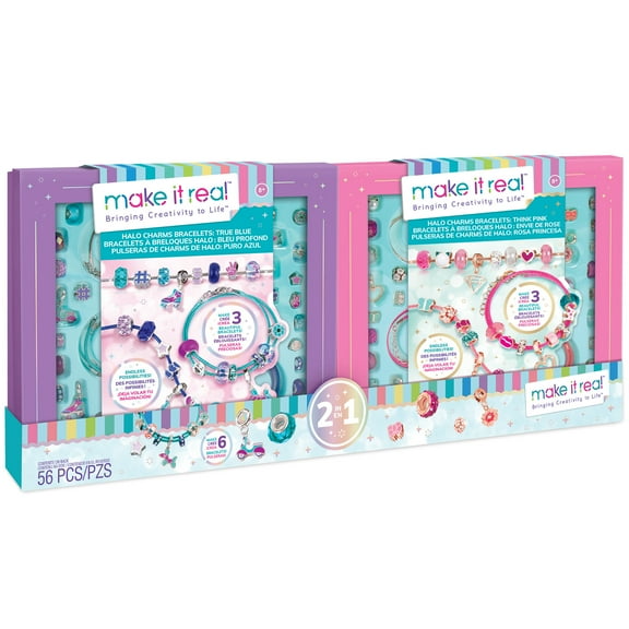 Make It Real: Halo Charms 2-in-1 True Blue & Think Pink DIY Jewelry Kit - Create 6 Bracelets, 56 Pieces, Tweens & Girls Ages 8 