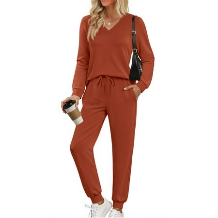 Fantaslook Two Piece Sets for Women Fall Outfits Fashion Lounge Sets V Neck Tops Long Pants Tracksuit Vacation Travel Outfits