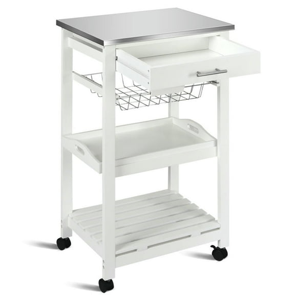Topcobe Kitchen Island Cart with Stainless Steel Tabletop and Basket, Portable Kitchen Island, Kitchen Carts on Wheels, White
