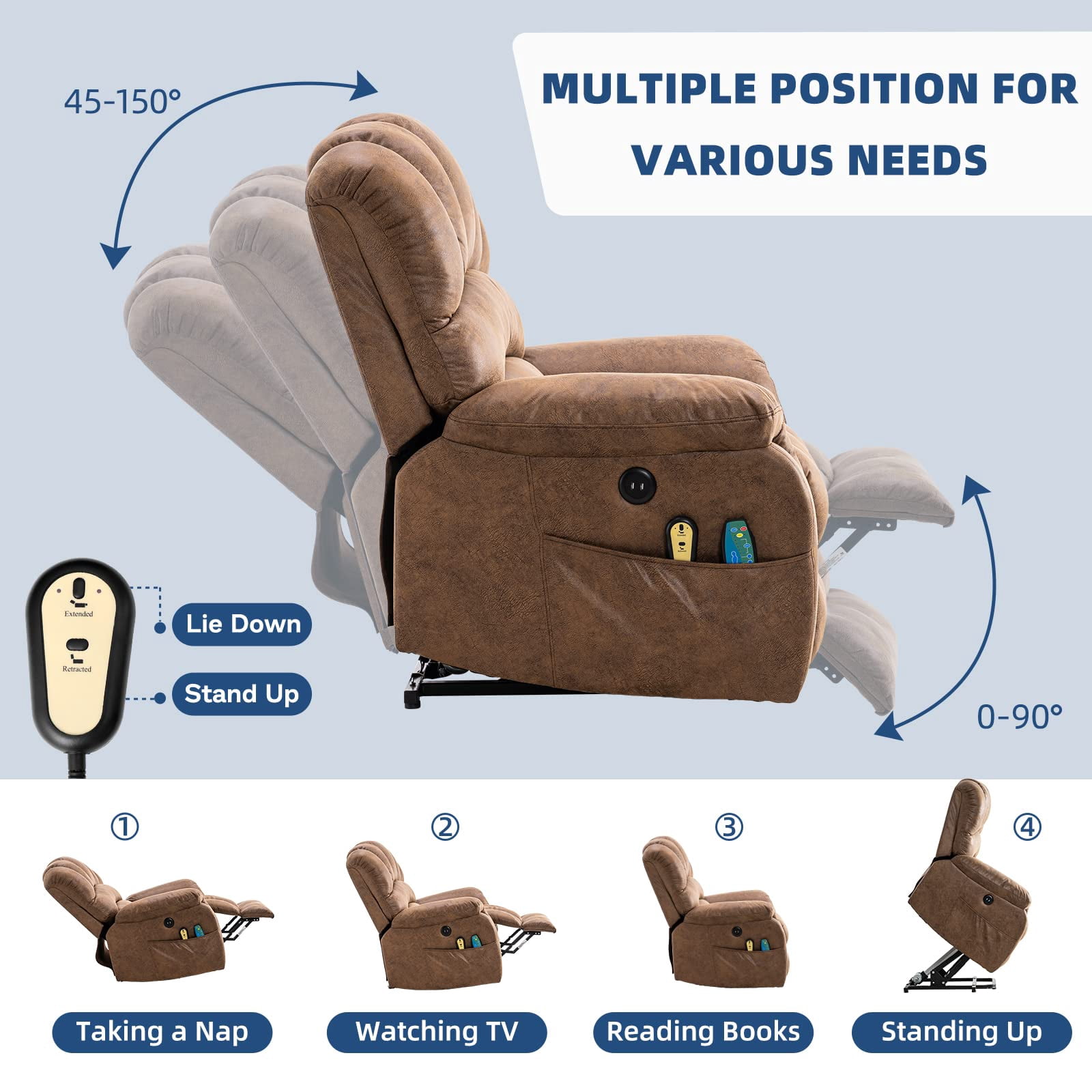 SOCIALCOMFY Large Power Electric Lift Recliner Chair for Elderly Big People, Heated Massage Motorized Reclining Sofa, Wide Recliners with 2 Remote Controls, Side Pockets & USB Ports, Brown