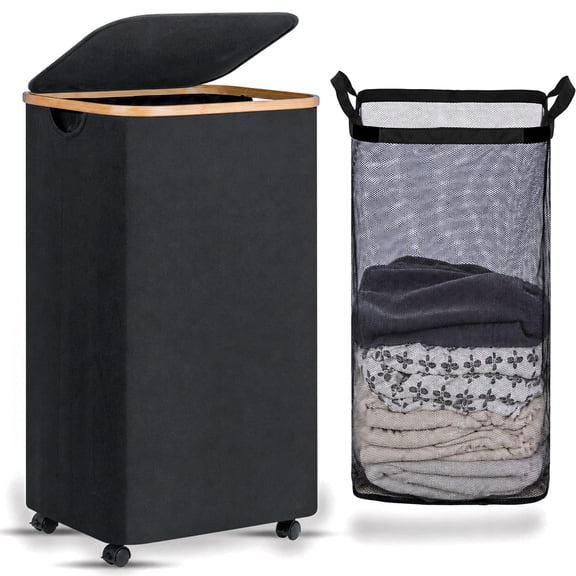 Aokeyee Laundry Hamper with Wheels,Laundry Basket with lid Rolling Clothes Hamper Foldable Dirty Clothes Basket on wheels and Removable Bag for Bedroom,Dorm,Laundry Room and Bathroom,Black