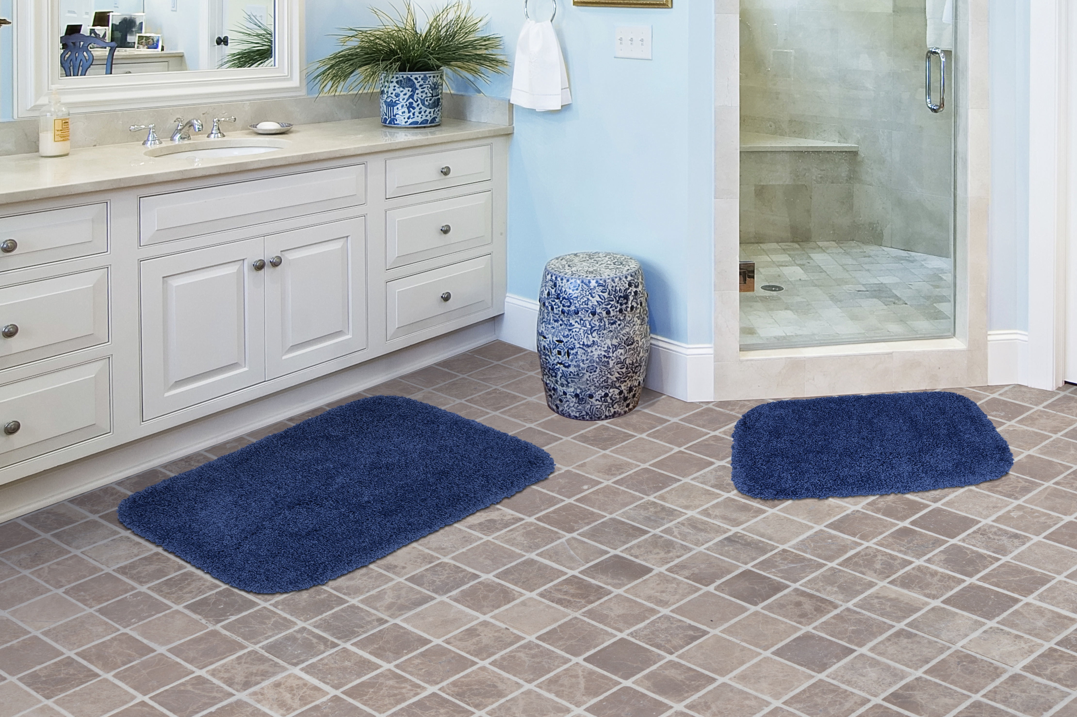 Garland Rug Serendipity Washable Nylon Bath Rug Set, 2 Piece Set (17"x24" Bath Rug, & 21"x34" Bath Rug) Navy