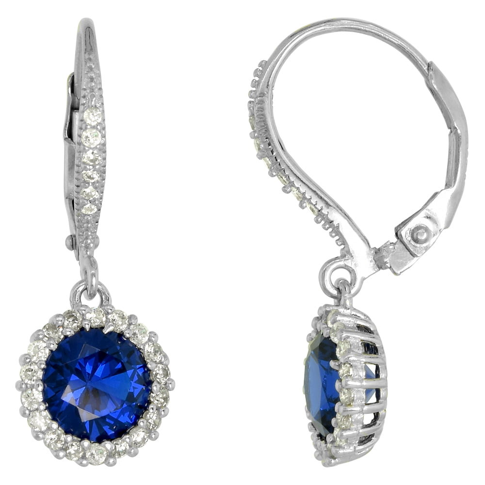 925 Sterling Silver Blue Sapphire White Cz Drop Dangle Earrings 