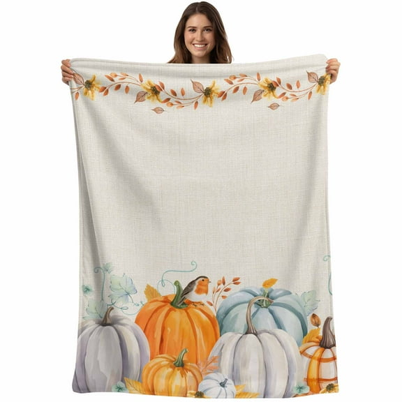 Orange Fall Thanksgiving Pumpkin Throw Blankets, Retro Leaves Soft Fleece Blanket Decorative for Home Sofa Couch Chair Living Bedroom, 50x60 inches, Linen