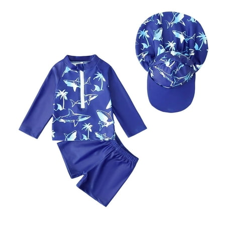 WUANDIXFA Baby Boy Rashguard Swimsuit Toddler Baby Boy Rash Guard Swimsuit Zip Up Long Sleeve Swimwear Tops Swim Shorts with Hat 3pcs Bathing Suit 2-3 Years Dark Blue