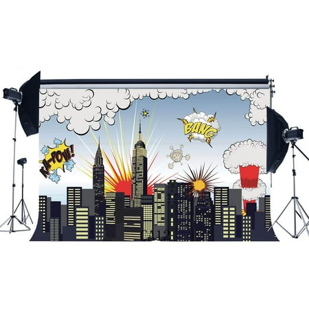 Image of MOHome 7x5ft Happy Birthday Backdrop Cartoon Super City Boom Bang White Cloud Holy Lights Building Photography Backgroun Boys Children First Birthday Party Decoration Photo Studio Props