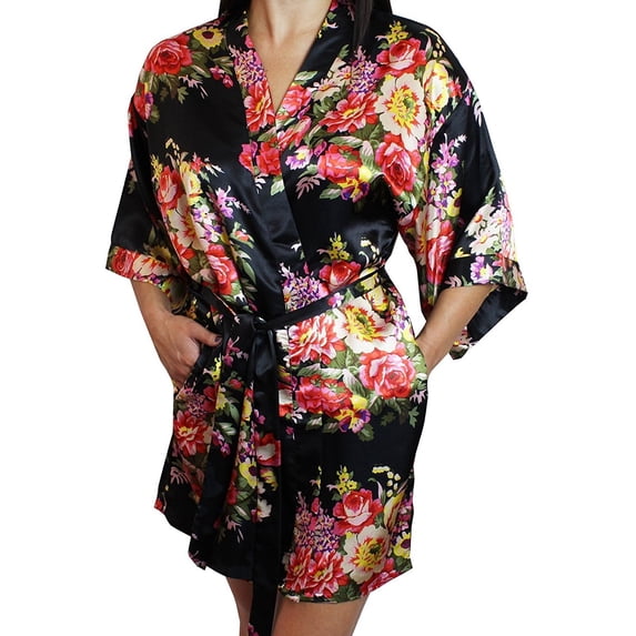 Ms Lovely Women's Floral Satin Kimono Short Bridesmaid Robe With Pockets - Silky Touch