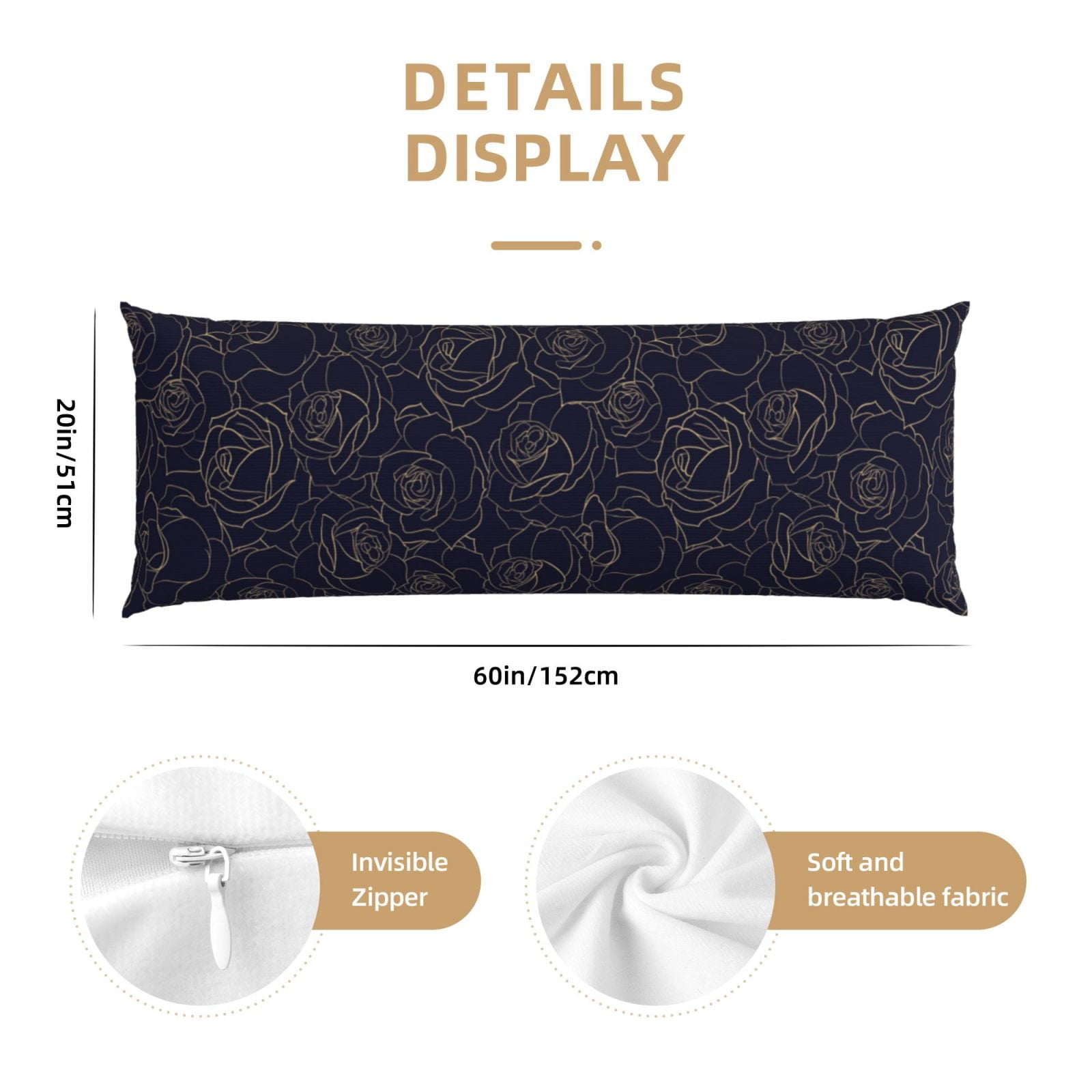 Naloa Copper-Gold Gloss Outline Rose1 Super Soft 20x60 Body Pillow Case,Long Side Hidden Zipper（PILLOWS ARE NOT INCLUDED）