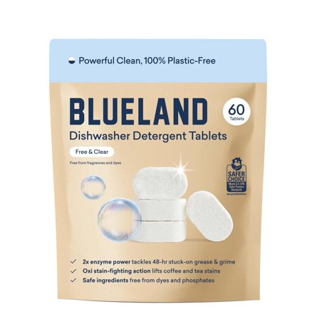 BLUELAND 100% Plastic-Free Dishwasher Detergent Tablets, 60 Count, Free & Clear, Eco-Friendly Dishwashing Pods, Natural, Sustainable