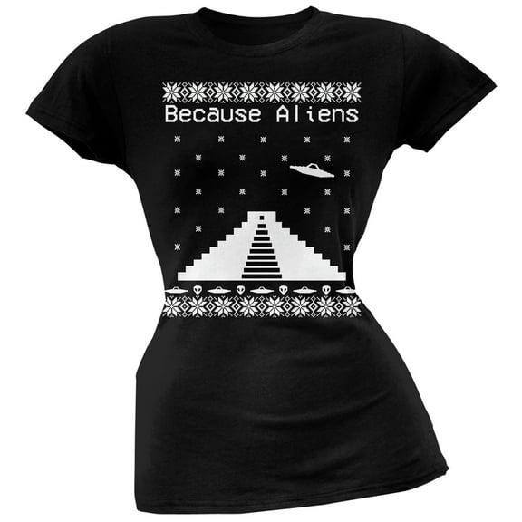 Because Aliens Pyramid Ugly Christmas Sweater Black Juniors T-Shirt - 2X-Large