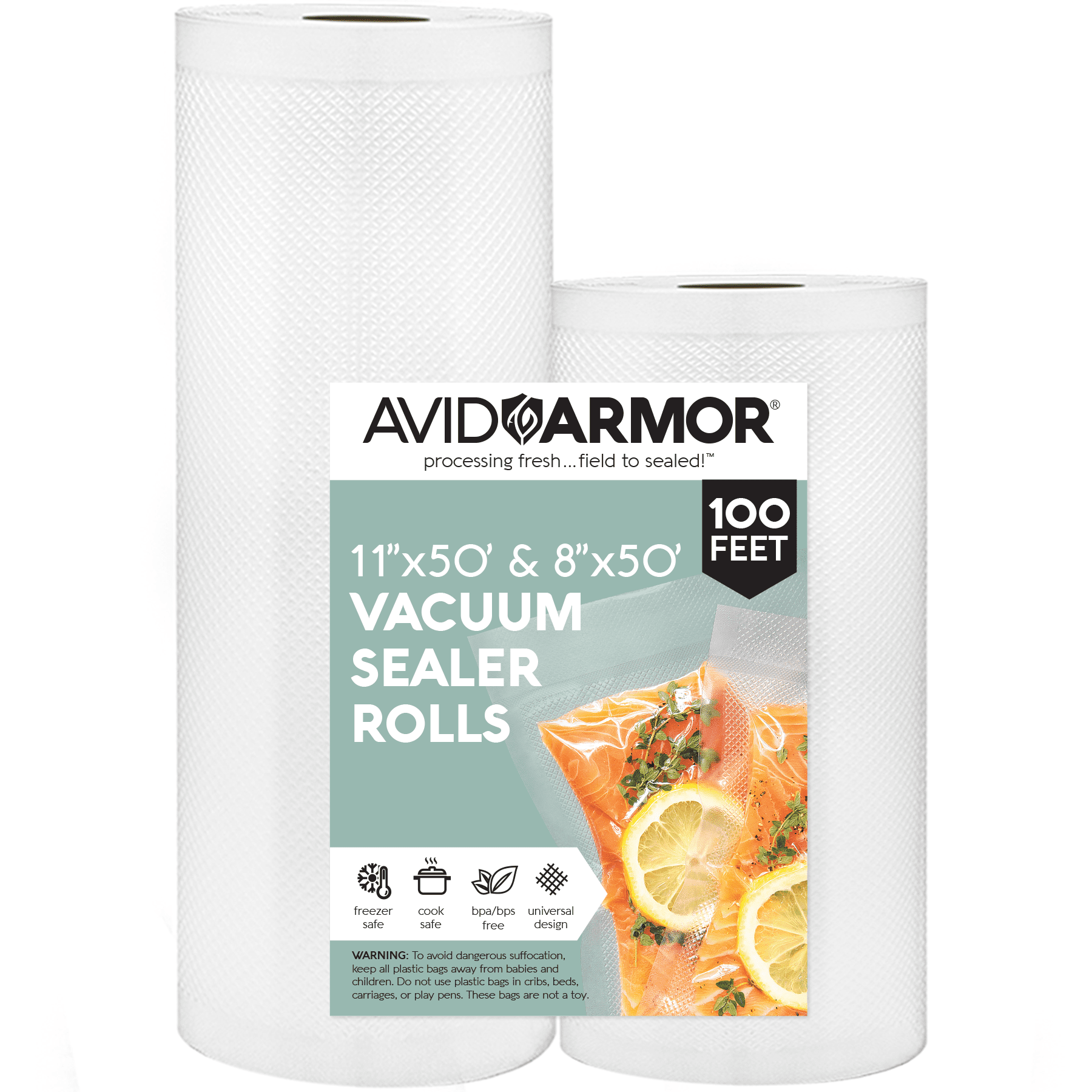 Avid Armor 11' x 50' and 8' x 50' Commercial Vacuum Sealer Bags, 100 Total Feet, 1 Pack, 2 Rolls