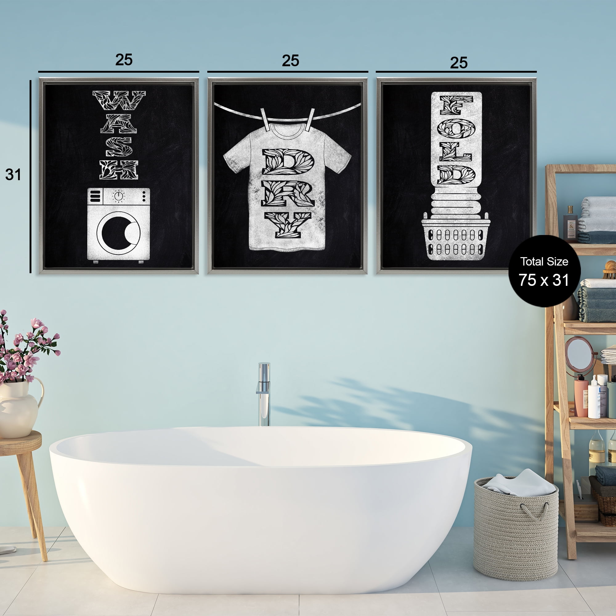 Wash & Dry Ornate Letters 3 Piece Gray Framed Floater Canvas Set, design by Marcus Prime