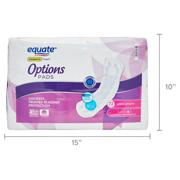 Equate Options Incontinence Pads for Women, Maximum, Long, 144