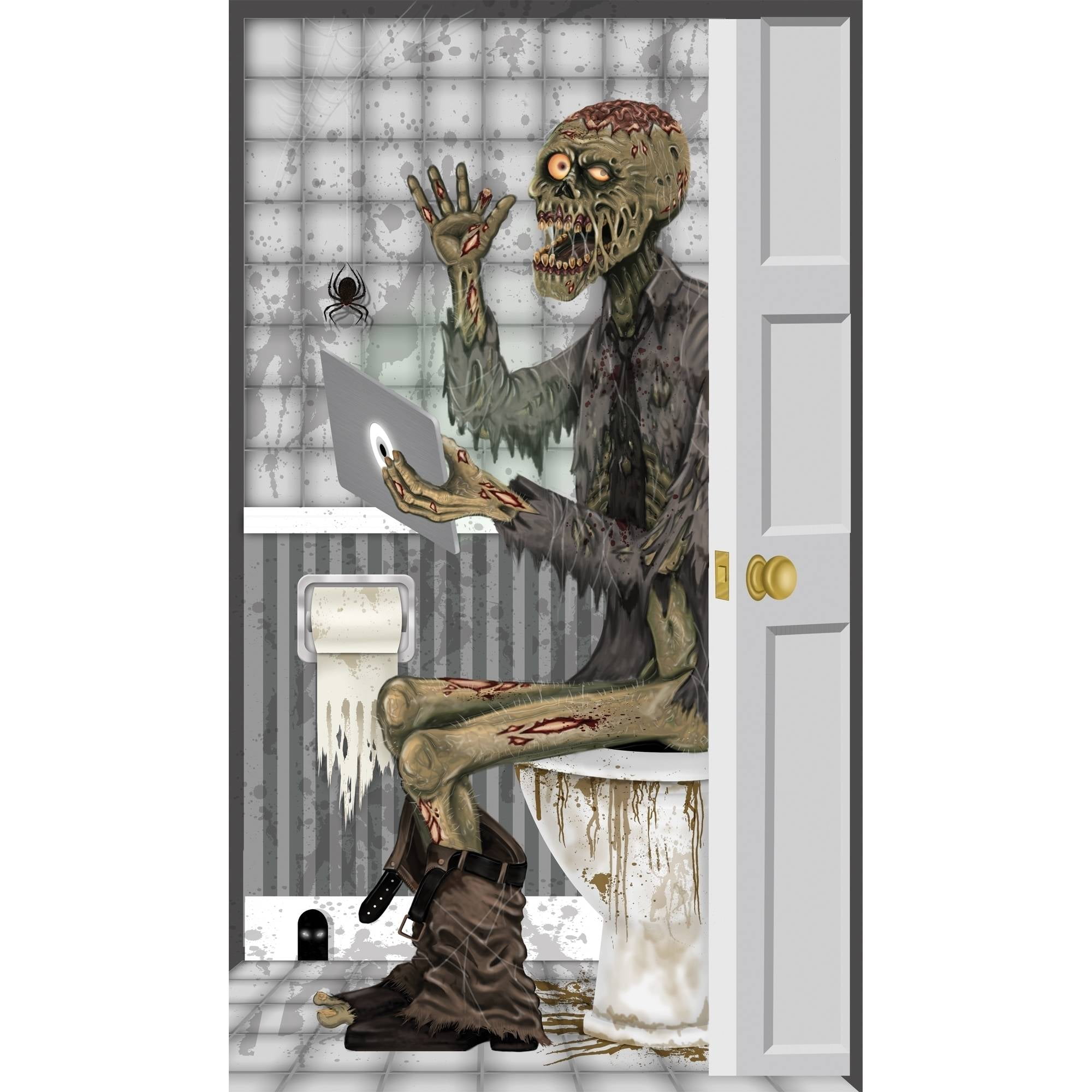 Skeleton Sitting on Toilet Door Cover Wall Scene Setter Ghostly Halloween Prop 