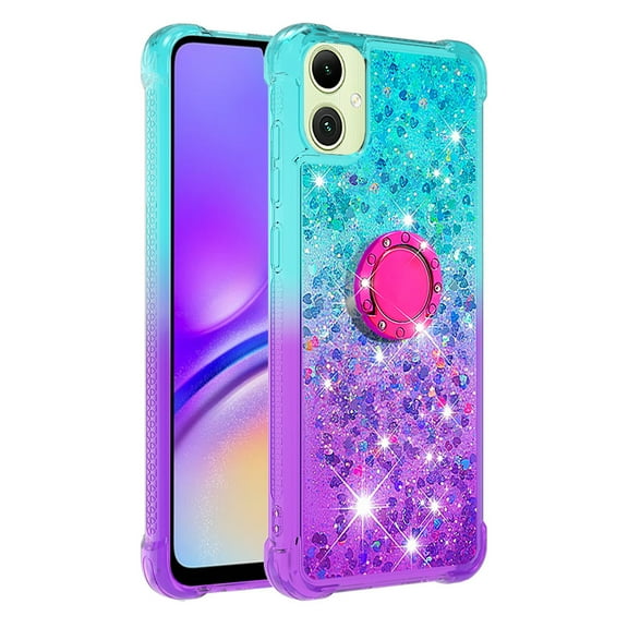 Phone Case for Samsung Galaxy A07/A06 with Ring Kickstand, Cute Glitter Bling Sparkle Quicksand Flowing Liquid Clear Gel Silicone ShockProof Phone Cover Girls-B1