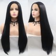 thumbnail image 1 of long straight black synthetic lace front wig Soft Silky black wig heat resistant fiber half hand tied hair replacement for women 24inch, 1 of 5