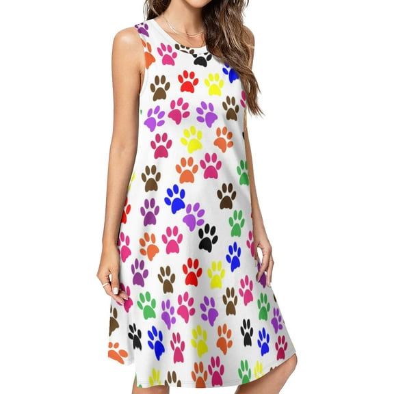 Colorful Paw Print Spring Summer Dresses for Women Fashion T-shirt Dress Casual Sleeveless Loose Sundress with Pockets