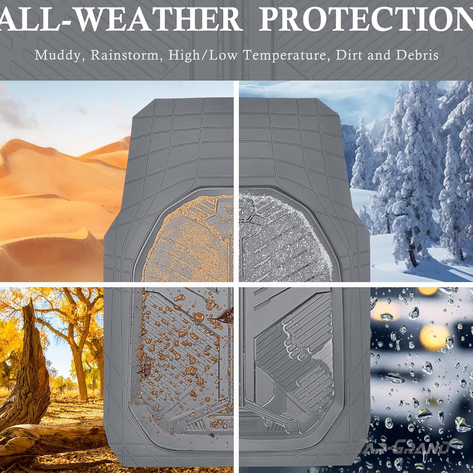 CAR GRAND Heavy duty rubble car floor mats full set deep dish water proof anti slip all weather truck mats universal fit trim-to-fit trimmable all gray